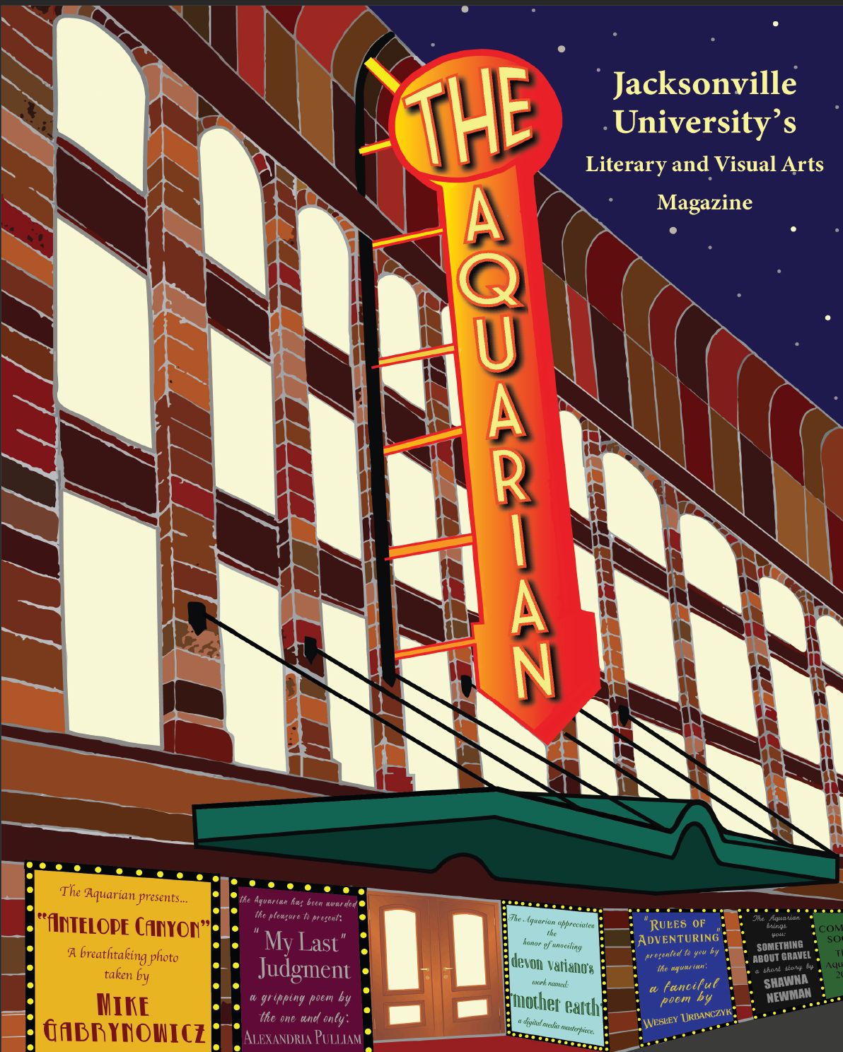 2018 cover. Depicts a New York Broadway style red brick building with a lit up sign that says "The Aquarian"