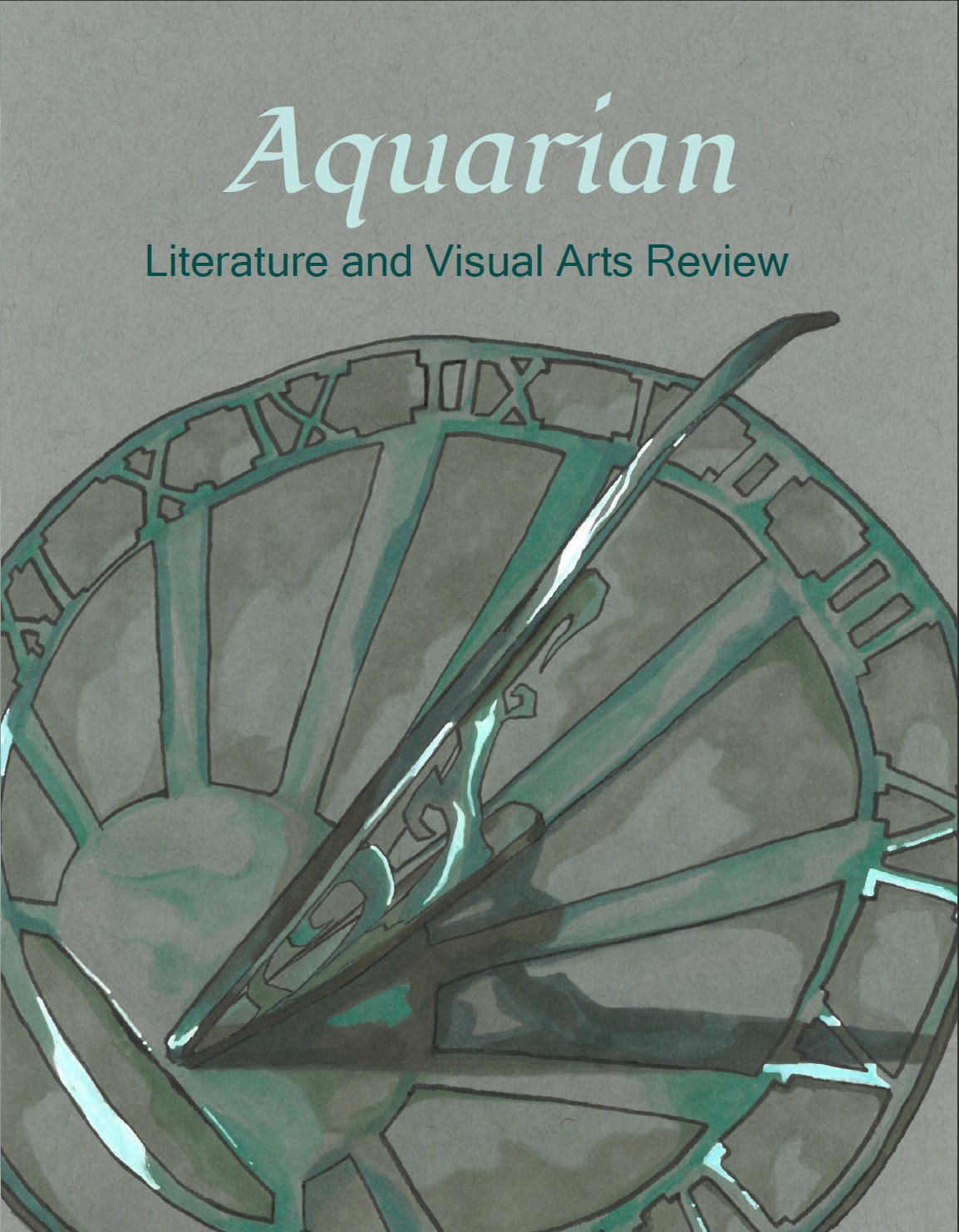 The 2020 Cover. It is monochrome green with a sundial taking up the bottom half of the cover. The top has the title Aquarian, Literary and Visual Arts Review