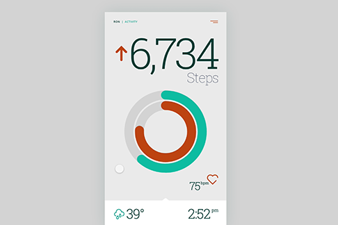 An animated mobile phone user interface design showing calorie data and cooking recipes.