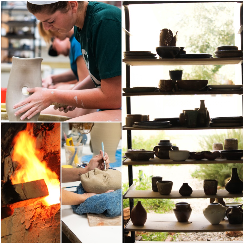 Collage image of student working on the potter’s wheel, flames from a kiln, sculpting techniques and cart with pottery. 