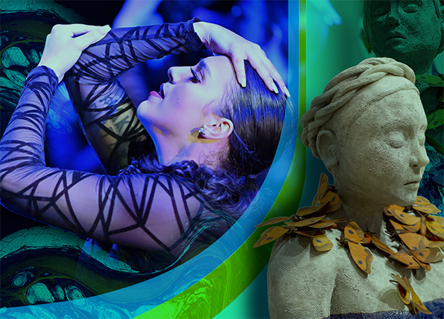 A dancer and a statue art collage with colorful semi-circles