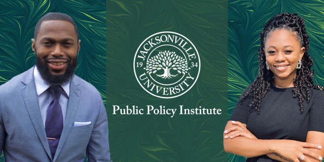 A male and female student smiling for a photo next to the Public Policy Institute seal.