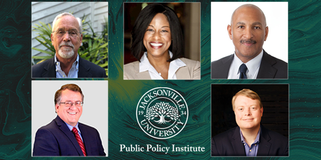 Collage of 5 professional men and women in business clothes with JU Public Policy Institute logo