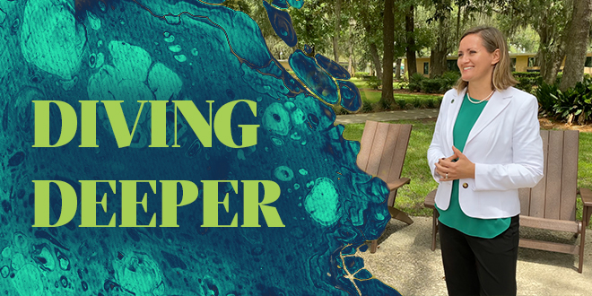 Graphic with Dr. Kristie Grover on JU's campus with text 