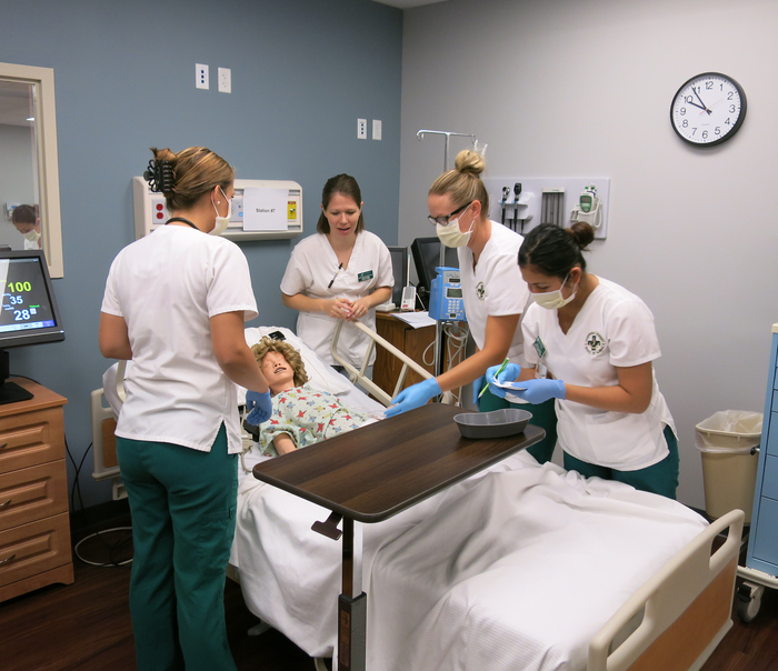 Nursing students performing a simulation on a medical maniken.