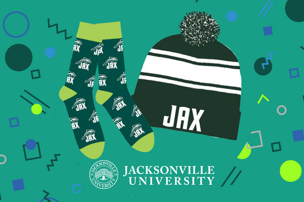 A pair of socks with the JAX dolphin logo and a beanie with the JAX dolphin logo.