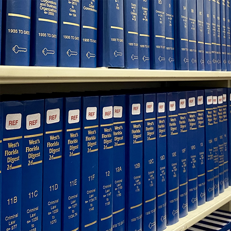 Law textbooks on bookshelves