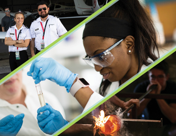 Top image of one male and one female aviation students; middle image of one female chemistry student; bottom image of one male glass blowing student.