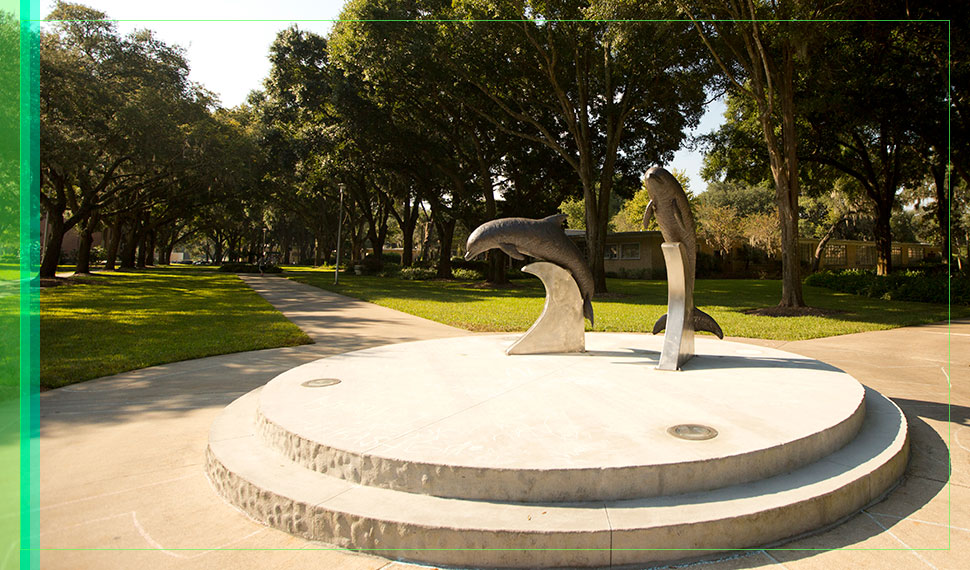 A sunlit picture of the dolphin statues behind the Howard Administration Building.