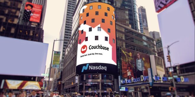 Couchbase advertisement banner in the middle of Times Square.