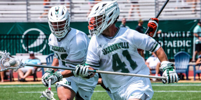 Two JU Lacrosse players on the field.