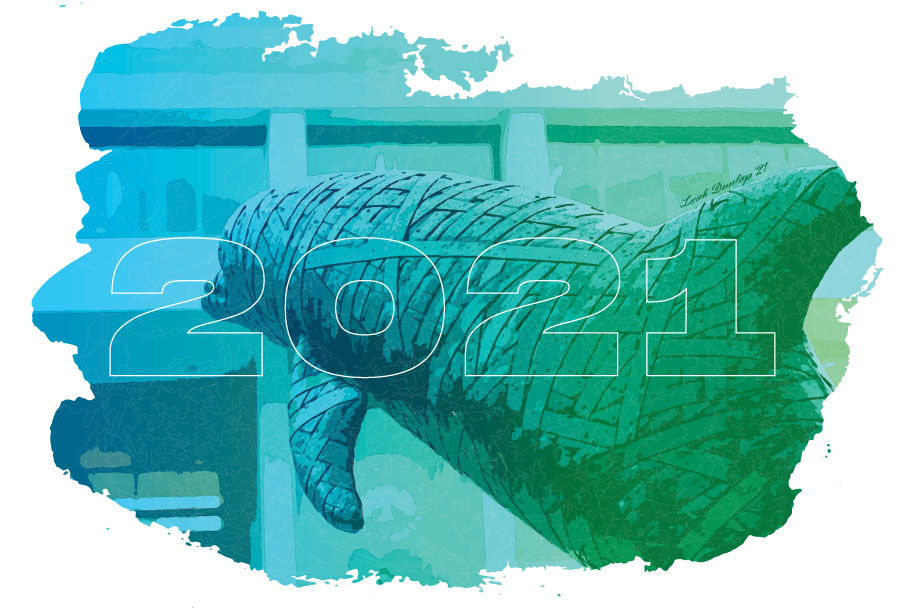 The year 2021 over a blue and green artistic rendering of the Dolphin Statues at the Howard Administration Building.