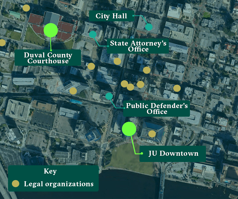 Aerial map of Downtown Jacksonville with points on JU Downtown and Duval County Clerk of Courts