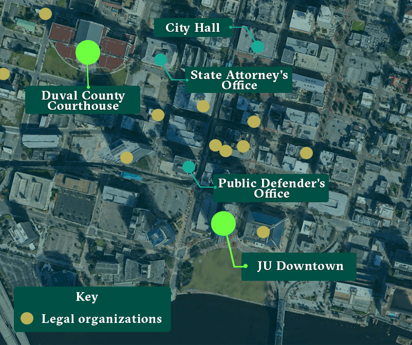 Aerial map of Downtown Jacksonville with points on JU Downtown and Duval County Clerk of Courts