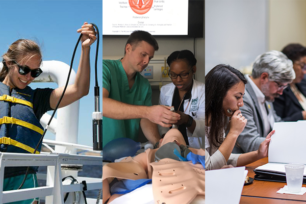 A collage of students from various public policy, marine science, and healthcare programs.