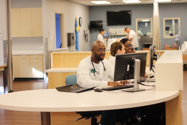 A nursing professional working at a computer.