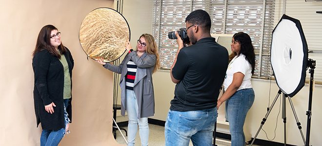 Student photography session on campus. 