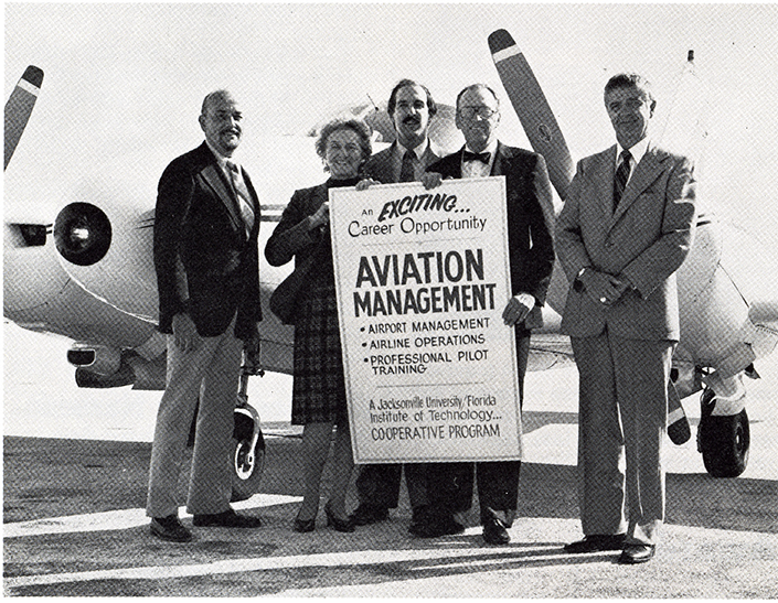 The Jacksonville University School of Aviation traces its 35-year history to an early collaboration with the Florida Institute of Technology during the presidency of Dr. Frances Bartlett Kinne.