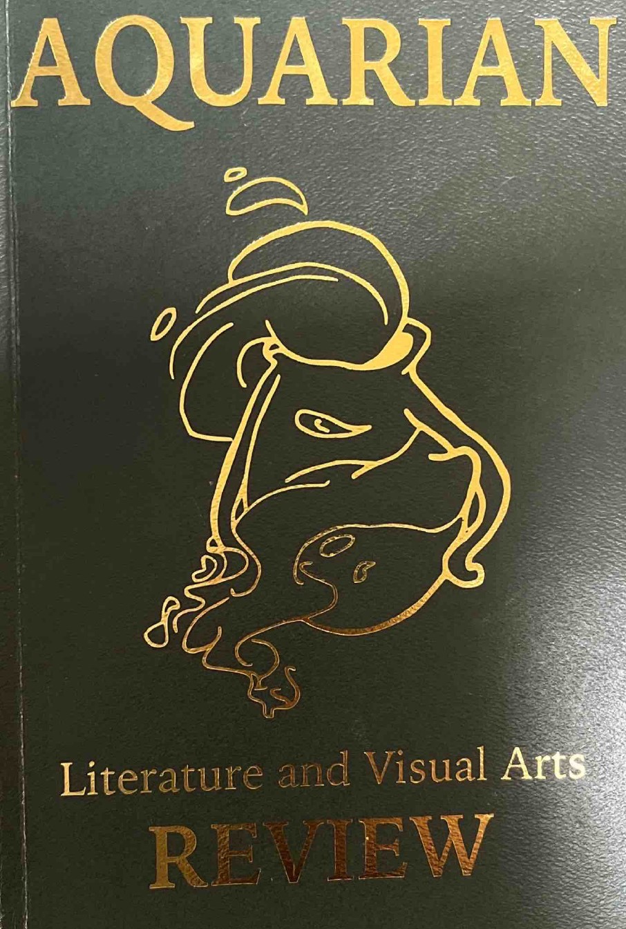 The 2019 cover. It is solid green with shiny gold details. The Title is: Aquarian Review. The subtitle is Literature and Visual Arts. In the center is a gold icon that is a water pitcher, with flowing water around it