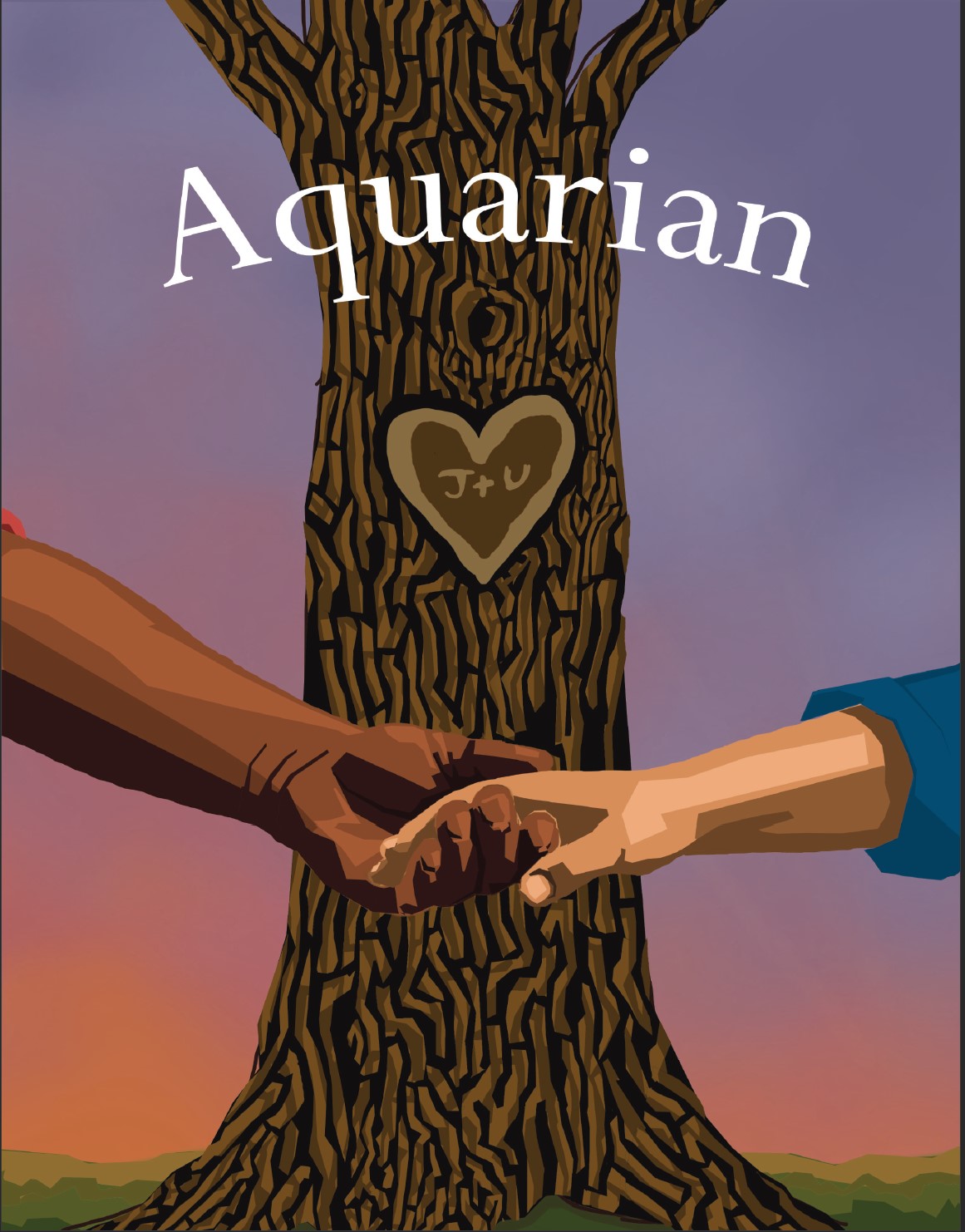 The cover. In white text over a digitally drawn image, the word Aquarian is rounded. Behind that, there is a brown tree with the letters J + U in a heart are carved. In front of the tree and below the title, are to hands clapsed together. Behind the tree is a colorful sunset with green grass.