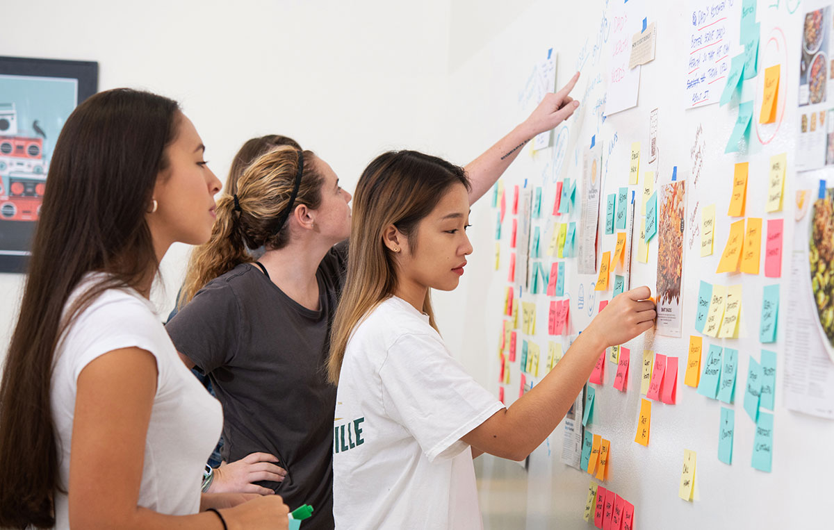 Graphic design students engaged in a Design Thinking exercise collaboratively on a white board using sticky notes.