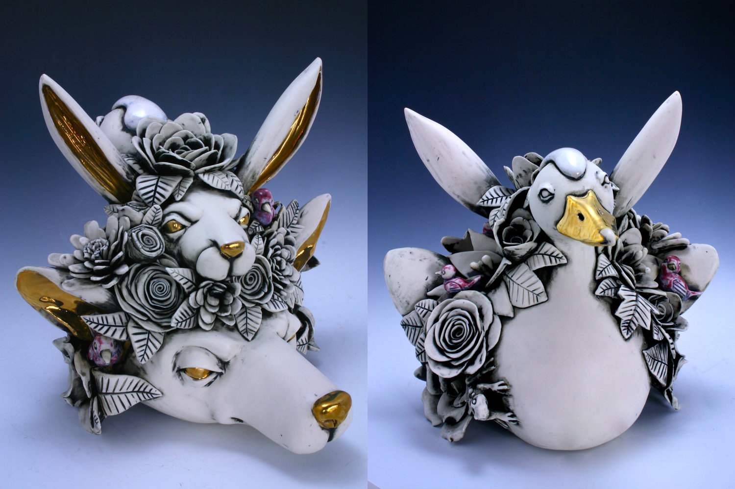 Ceramic Sculpture of goose rabbit fox and flower animals by artist 