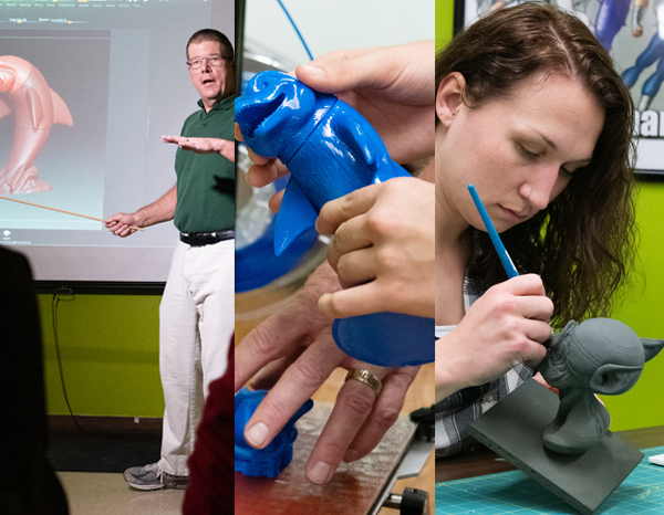 Collage of a professor leading class and two students constructing models.