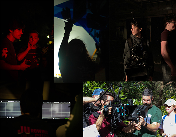Collage featuring film students engaged in production projects