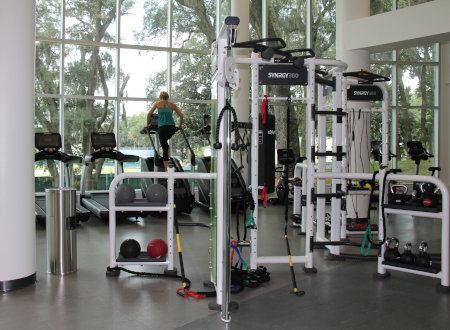 A photo of a fitness center showing fitness equipment