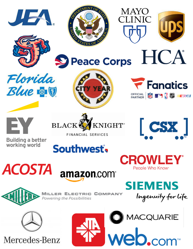 A collage of employers' logos, including Mayo Clinic, JEA, UPS, CSX, Amazon, the Department of State, Florida Blue, and Black Knight Financial.