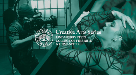 Creative Arts Series Event banner depicting a woman being filmed on stage.