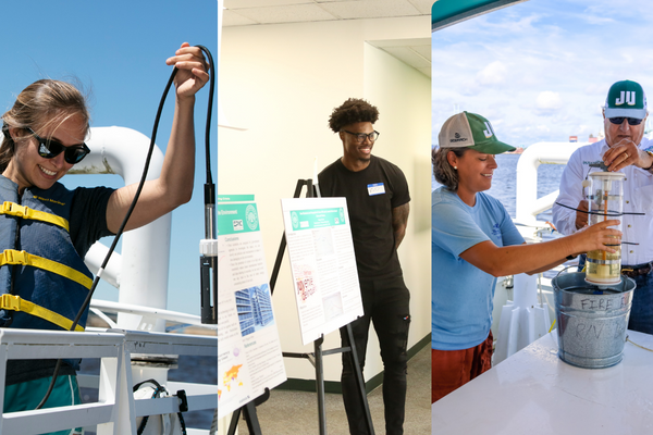 A collage of students working working on scientific projects and giving presentations.
