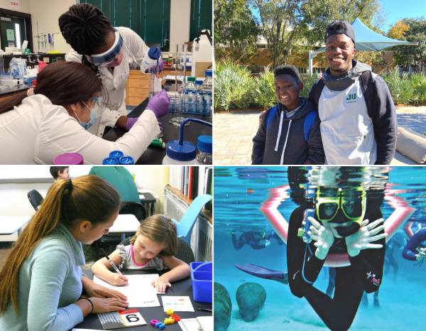 A four picture collage of the college of arts and science divisions. Marine Science, Pre-Professional, NROTC and Science.