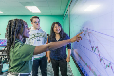 students gathered around a white board in a science lab