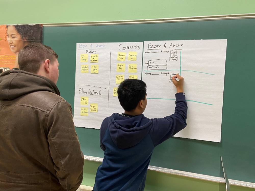 Students working on an algorithm on the board.