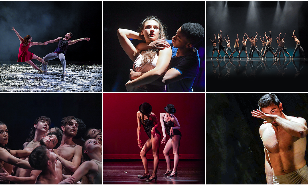 A grid of six images each featuring solo and group dancers engaged in different styles of dance