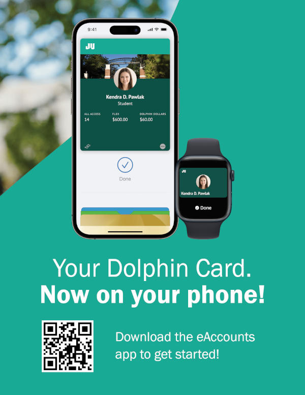 A poster of the new mobile Dolphin Card with a QR code to download the app on iphone.