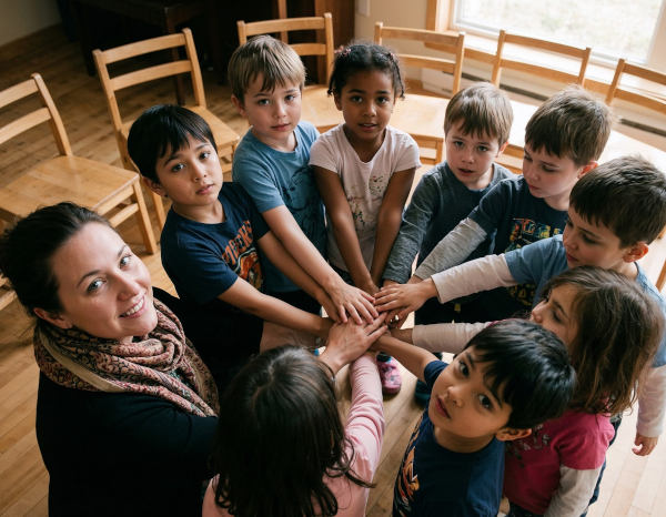 A teacher and young student kids in a circle with their arms stretched out in the middle and their hands touching.