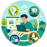 Illustration of an education professional using a laptop to design learning materials, surrounded by symbols for instructional design, corporate training, educational technology, and nonprofit development. 