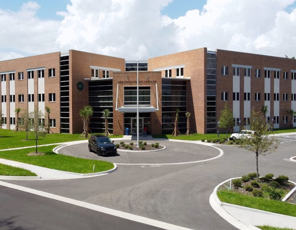 The exterior of the main entrance to the Health Sciences Complex where the Student Health Center is located.
