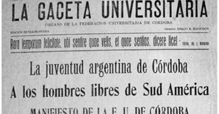 La Gaceta Universitaria, organ of the Federación Universitaria de Córdoba, special edition of June 21, 1918. It carried the Manifiesto Liminar by Deodoro Roca, "to the free men of South America," under a line from Tacitus celebrating the rare times when one may "think what one wishes and say what one thinks."