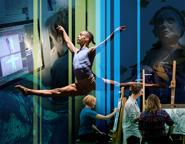 A photo collage of dancing, sculpture, graphics design and arts student and their work.