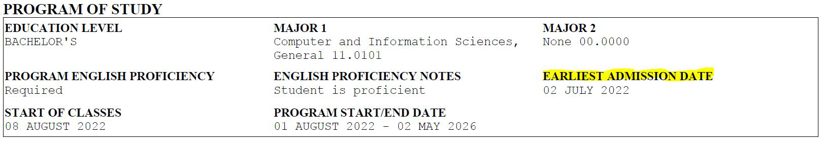 Program of Study earliest admission date