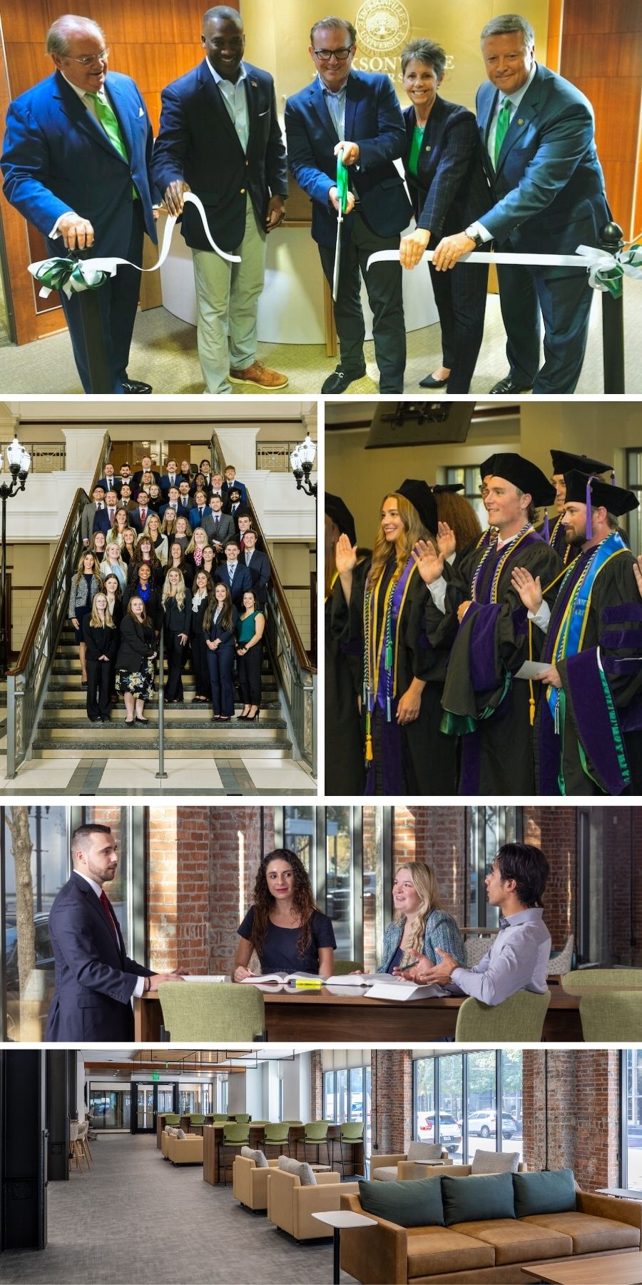 A collage of College of Law milestones with Mayor Lenny Curry, JU President Tim Cost, City Council President Terrence, and Dean Nick Allard cutting the ribbon at the College of Law.