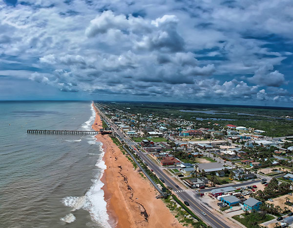 An aerial view of the coast of Palm Coast, Florida.