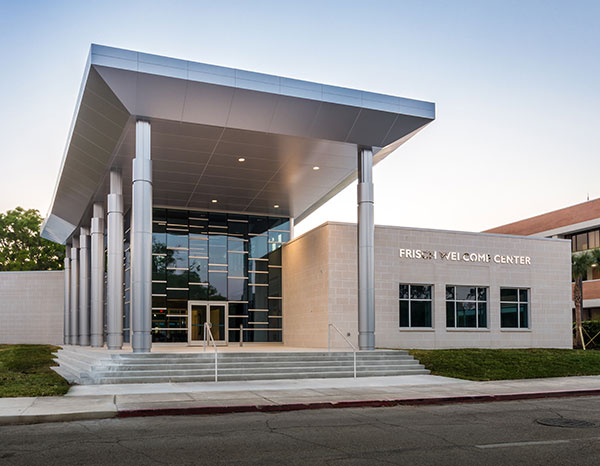 The exterior of the Frisch Welcome Center on the main campus.