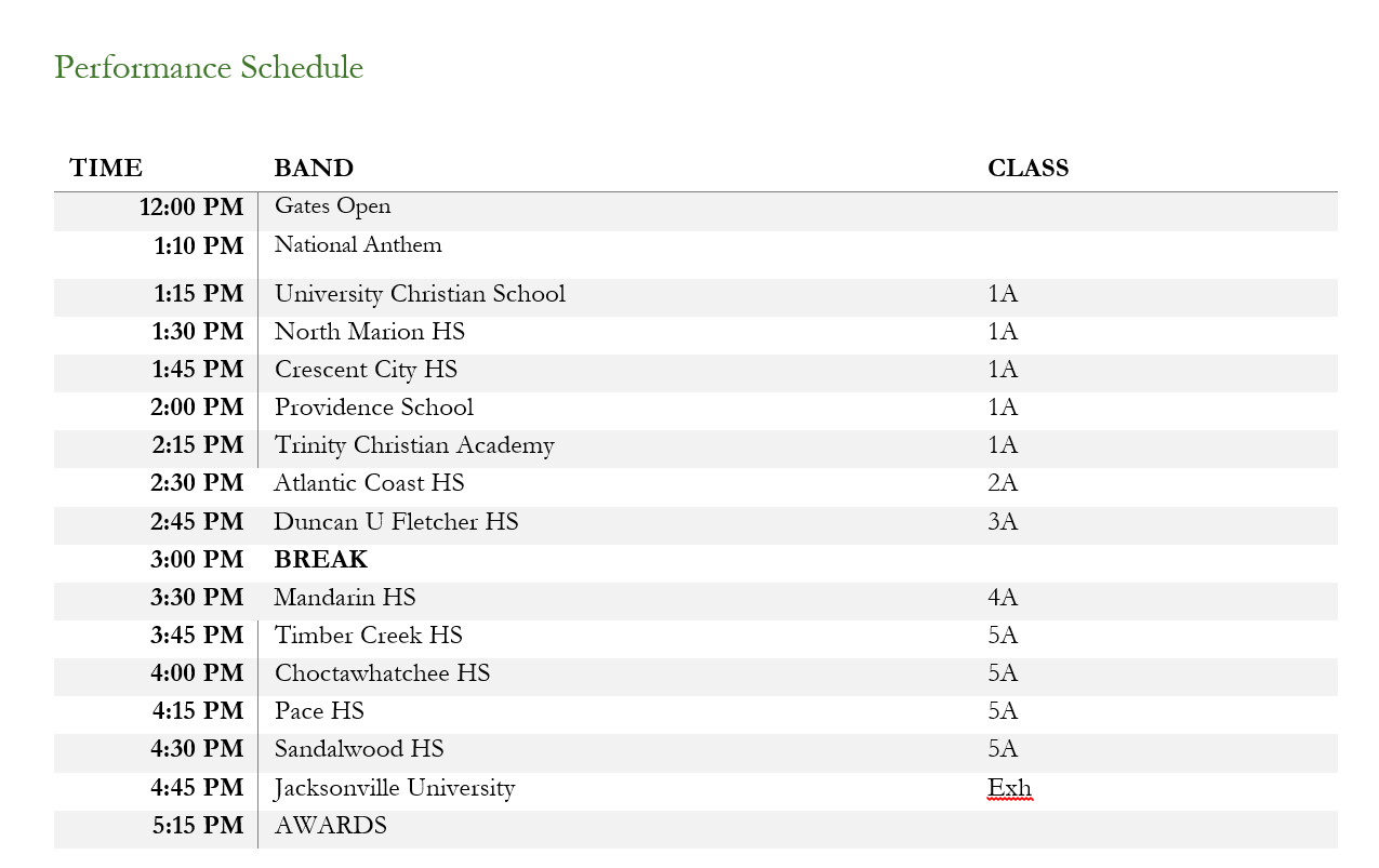 2017 JU Marching Invitational Schedule