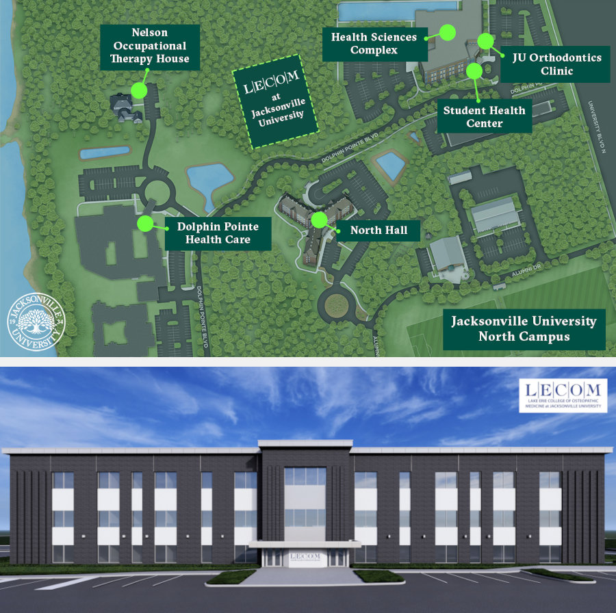 Rendered map of JU's north end of campus to show health sciences buildings