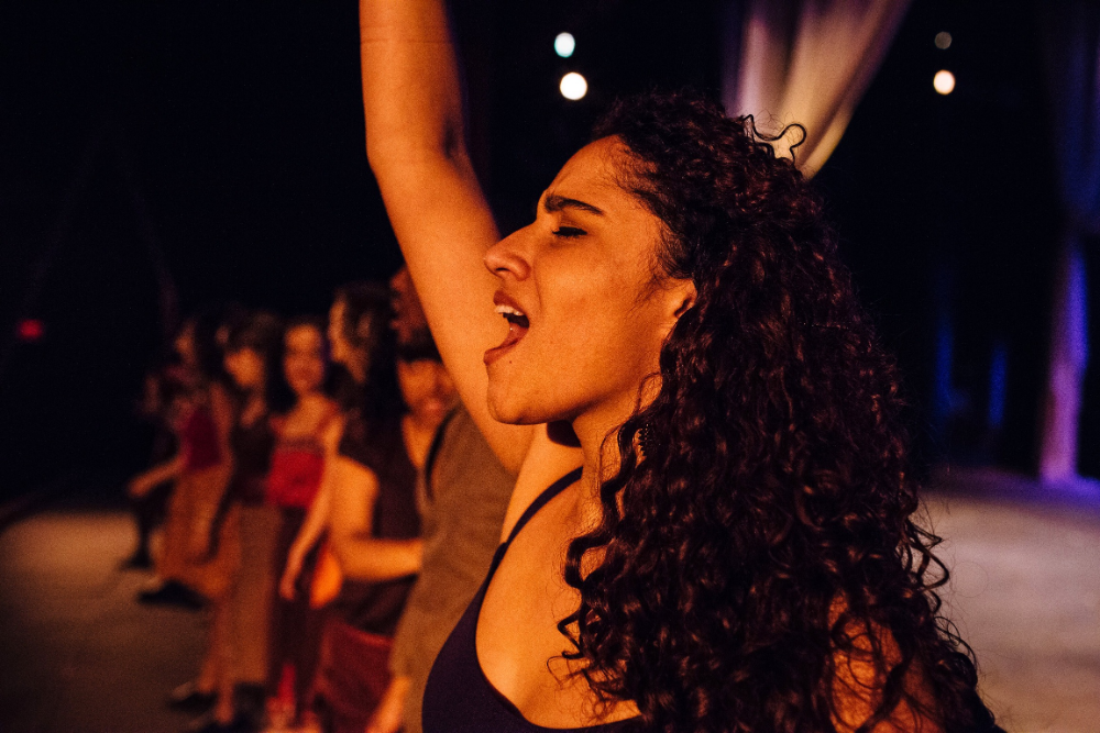 Cast member singing on stage in the play Aida.