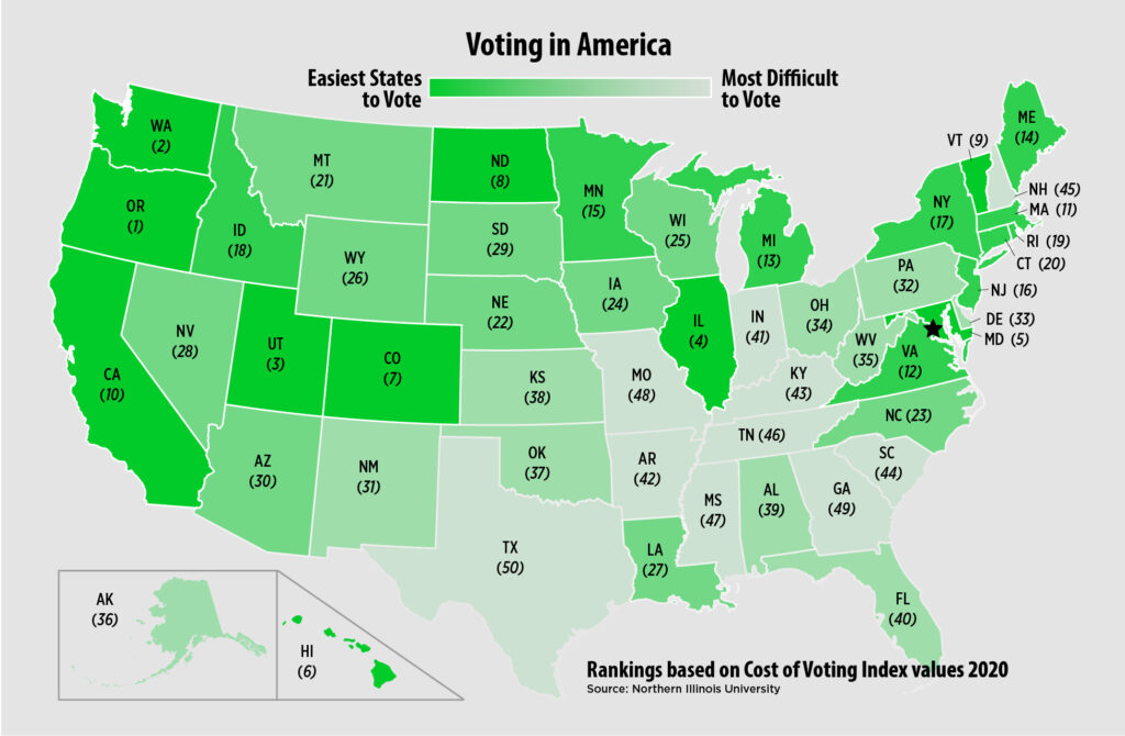 Map of America depiciting the voting in America rankings based on cost of voting index values in 2020